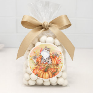 Pegatina Redonda Calabazas de gato Otoño Otoño Naranja Blanco