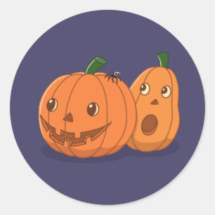 Pegatina Redonda Calabazas de Halloween en Pareja sobre Fondo Púrpu