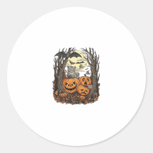Pegatina Redonda Calabazas de Halloween Gato Gris Murciélago Luna L
