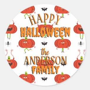 Pegatina Redonda Calabazas de halloween, patrón de araña y murciéla