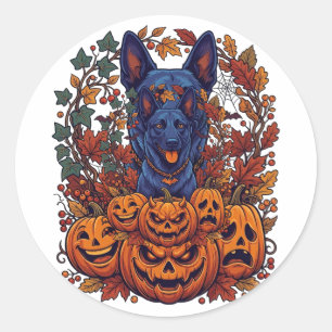 Pegatina Redonda Calabazas de Halloween Pitbull Azul Hojas de Otoño