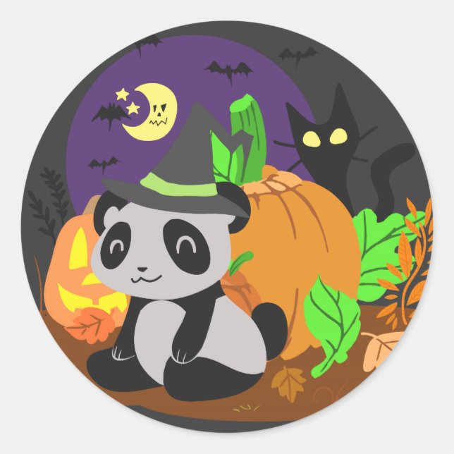 Pegatina Redonda Calabazas de Halloween y Panda (Anverso)