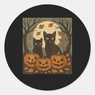 Pegatina Redonda Calabazas Gatos Negros Vintage Halloween Para Muje