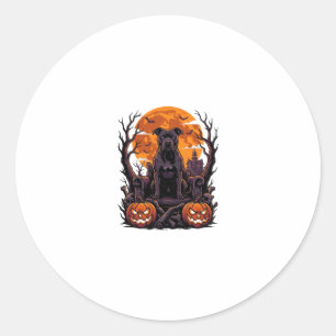 Pegatina Redonda Calabazas Luna Llena Trono Pitbull Negro Halloween