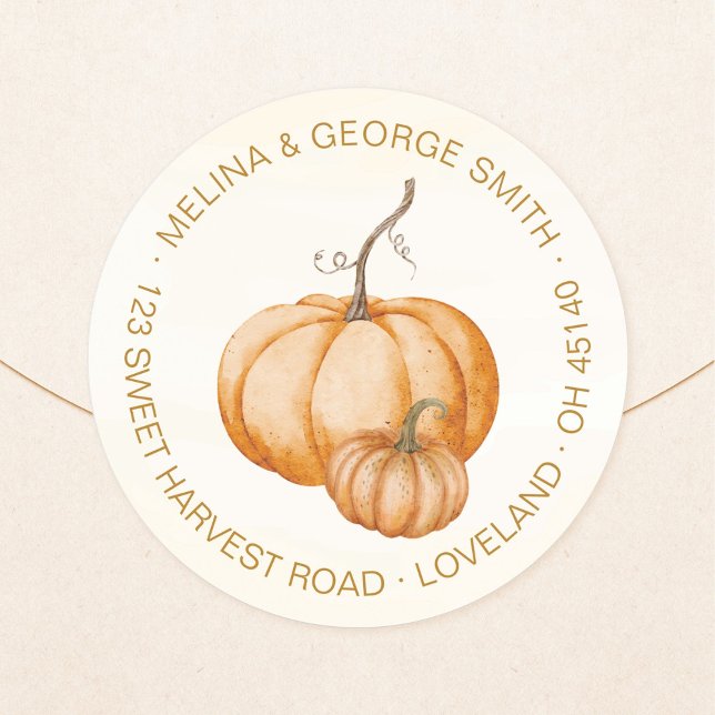 Pegatina Redonda Calabazas Naranjas A La Acuarela Dirección de Reto (Elegant, orange, watercolor pumpkin group return address round sticker. Pumpkin address label.)