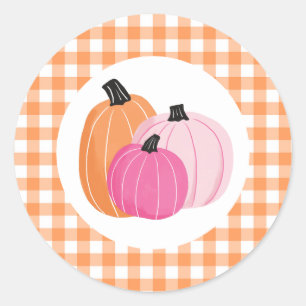 Pegatina Redonda Calabazas rosadas de Halloween a cuadros naranjas