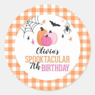 Pegatina Redonda Calabazas rosadas de Halloween Plaid naranja Cumpl