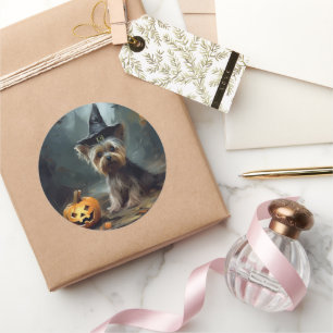 Pegatina Redonda Calabazas Terrier de Yorkshire Halloween Espeluzna