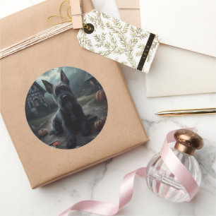 Pegatina Redonda Calabazas Terrier Escocés de Halloween