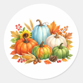 Pegatina Redonda Calabazas y hojas de otoño en acuarela