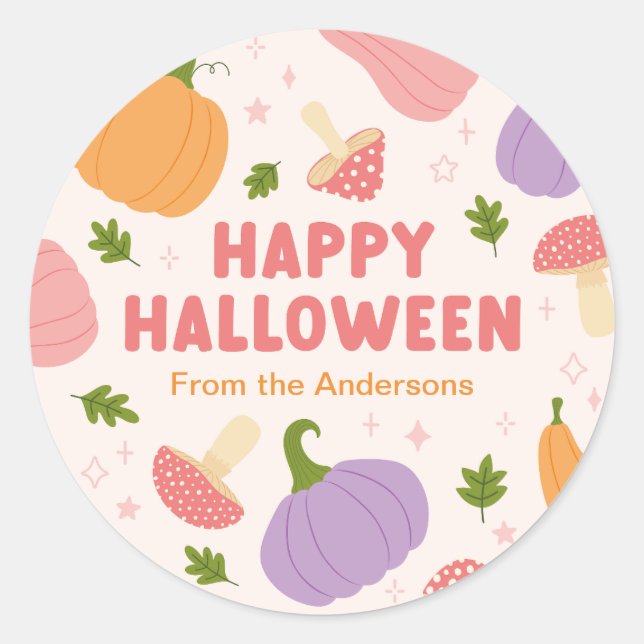 Pegatina Redonda Calabazas y hongos de Halloween (Anverso)