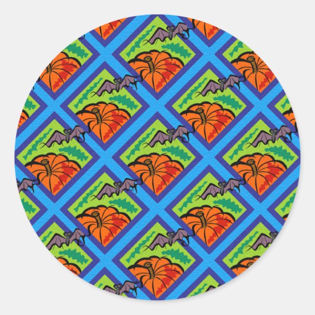 Pegatina Redonda Calabazas y murciélagos en patrones de verde/azul (Anverso)