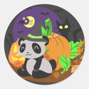 Pegatina Redonda Calabazas y panda de Halloween