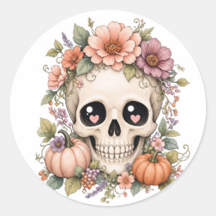 Pegatina Redonda Calavera Adorable Pastel PNG Flores y Pu Coquett