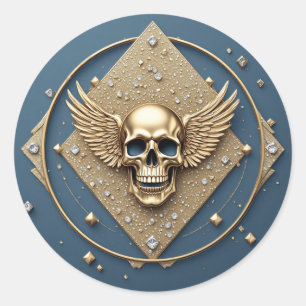 Pegatina Redonda ☠️ Calavera Alada Dorada Regalo Gótico Para Motoci