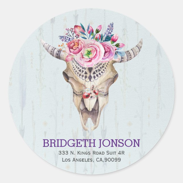 Pegatina Redonda Calavera animal acuarela (Anverso)