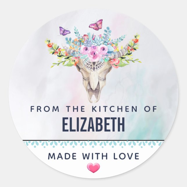 Pegatina Redonda Calavera animal Boho con cocina de mariposas (Anverso)