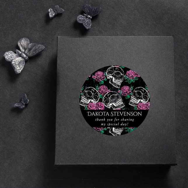 Pegatina Redonda Calavera Azúcar Rosas Rosadas | Gracias Glamour Gó (Subido por el creador)