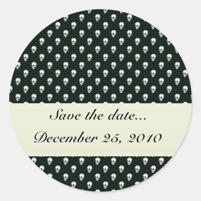 Pegatina Redonda Calavera blanca y peligrosa en la superficie negra (Anverso)