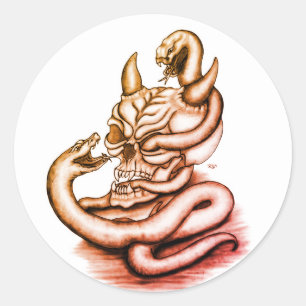 Pegatina Redonda Calavera - Cabeza malvada con serpiente