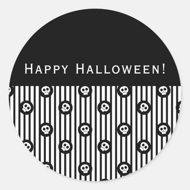 Pegatina Redonda Calavera Caprichosa Negro y Blanco Lunares y Rayas (Anverso)