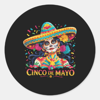 Pegatina Redonda Calavera Cinco De Mayo Con Chicas De Sombrero