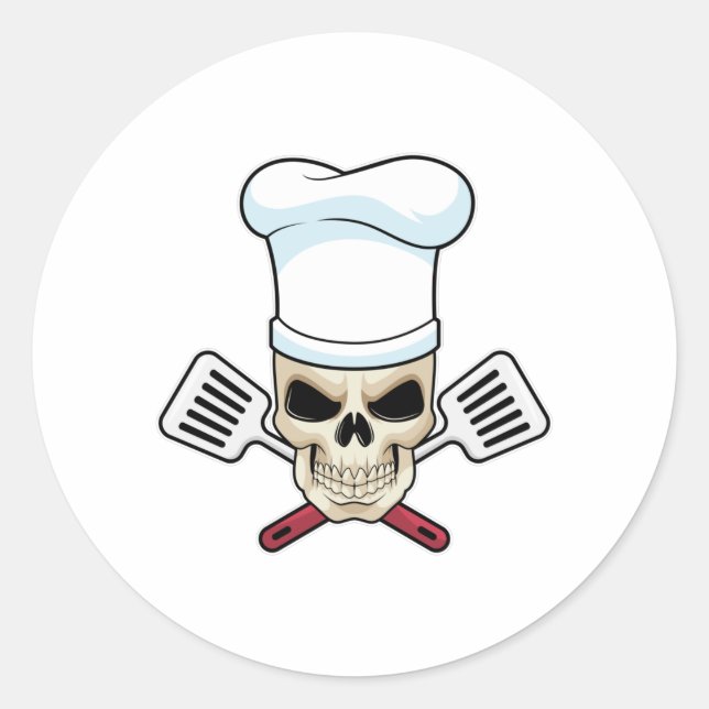 Pegatina Redonda Calavera como cocinar con un gorra de cocina (Anverso)