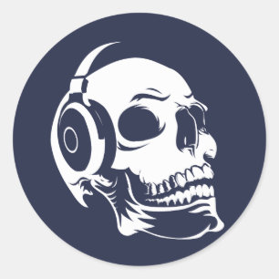 Pegatina Redonda Calavera con auriculares