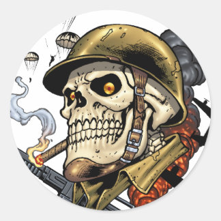 Pegatina Redonda Calavera con casco, aviones y bombas