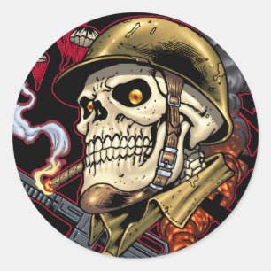 Pegatina Redonda Calavera con casco, aviones y bombas