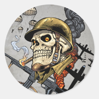 Pegatina Redonda Calavera con casco, aviones y bombas