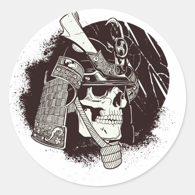 Pegatina Redonda Calavera con casco de Samurai (Anverso)