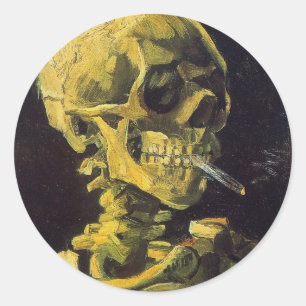 Pegatina Redonda Calavera con cigarrillo en llamas