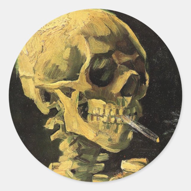 Pegatina Redonda Calavera con cigarrillo en llamas por Vincent van  (Anverso)