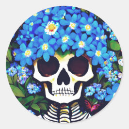 Pegatina Redonda Calavera con flores azules olvidadas-no-me
