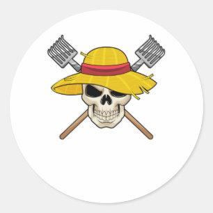 Pegatina Redonda Calavera con Gorra como granjero con torta