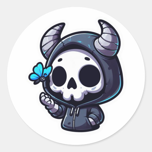 Pegatina Redonda Calavera con mariposa azul (Anverso)