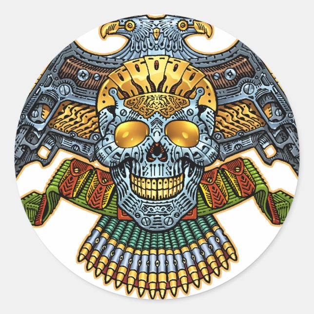 Pegatina Redonda Calavera con pistolas y balas de Al Rio (Anverso)