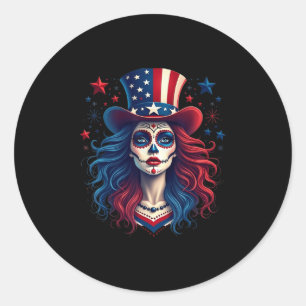 Pegatina Redonda Calavera De Azúcar 4 De Julio Bandera Americana Sk
