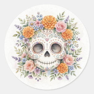 Pegatina Redonda Calavera de azúcar acuarela Día de Muertos Pegatin