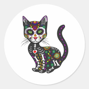 Pegatina Redonda Calavera De Azúcar Cato Mexicano Halloween Día Del