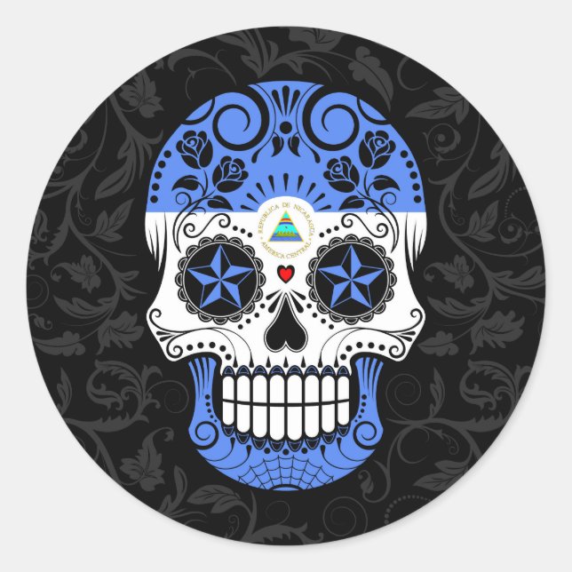 Pegatina Redonda Calavera de azúcar con bandera nicaragüense con Ro (Anverso)