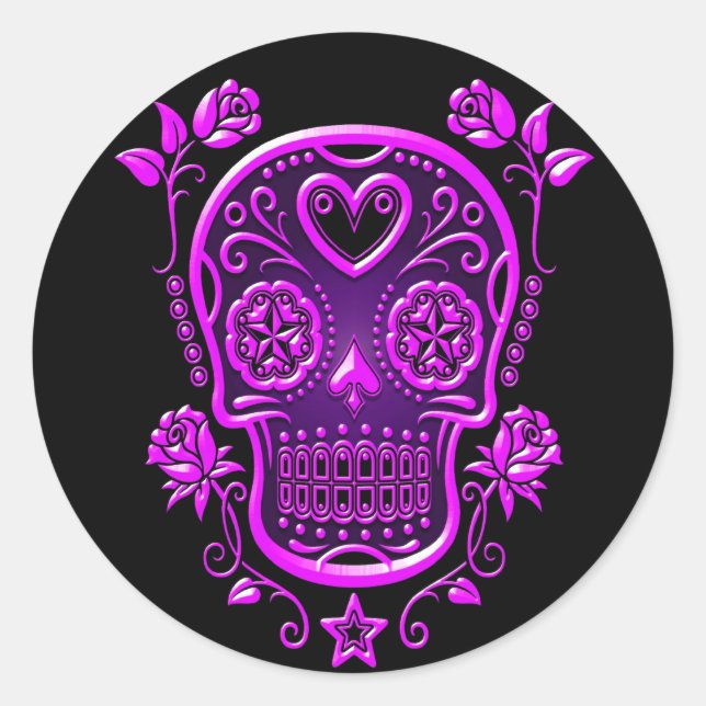 Pegatina Redonda Calavera de azúcar con Rosas, morado (Anverso)