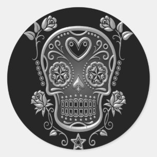 Pegatina Redonda Calavera de azúcar con Rosas, oscuro