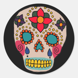 Pegatina Redonda Calavera de azúcar de arte folclórico mexicano