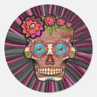 Pegatina Redonda Calavera de azúcar de aspecto de madera tallada co