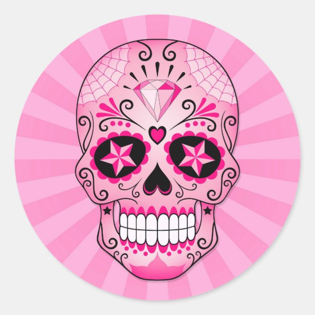 Pegatina Redonda Calavera de azúcar de diamante rosa (Anverso)