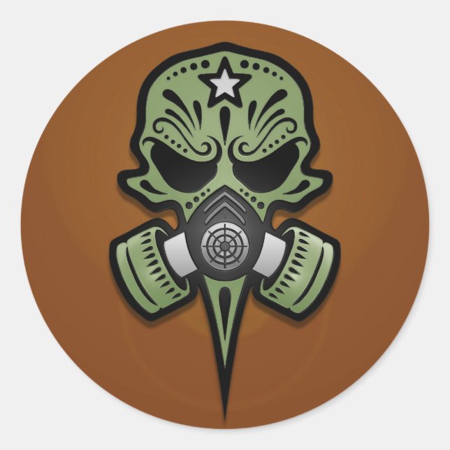 Pegatina Redonda Calavera de azúcar de máscara de gas, verde (Anverso)