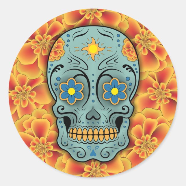 Pegatina Redonda Calavera de azúcar - Día de los Muertos (Marigold) (Anverso)