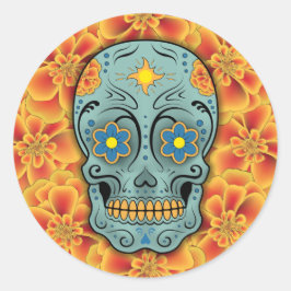 Pegatina Redonda Calavera de azúcar - Día de los Muertos (Marigold)